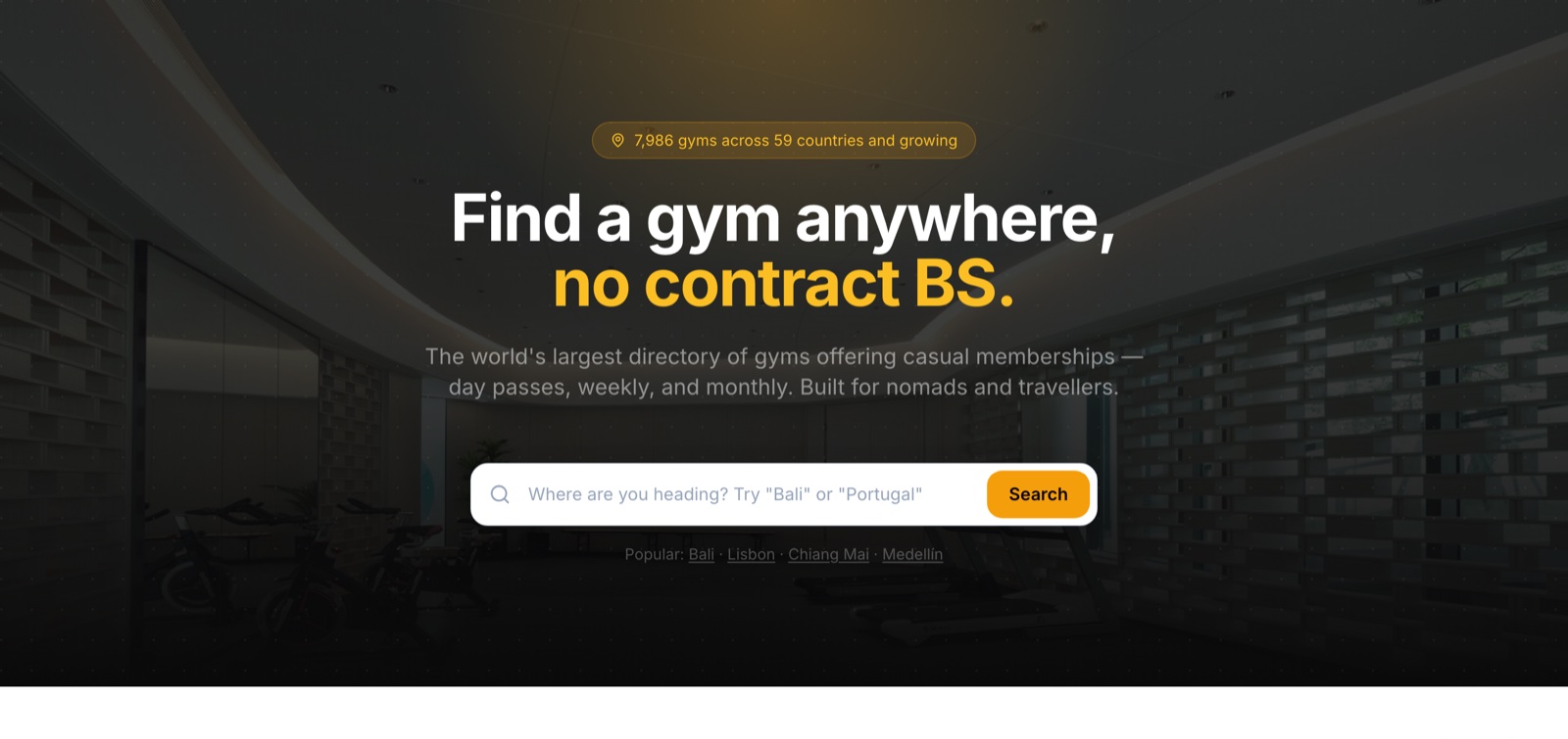 The live Vagabod landing page — 'Find a gym anywhere, no contract BS' over a global gym search